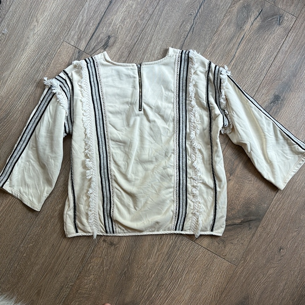 Anthropologie Eri & Ali Top Fringe Trim Black Cream Blouse Women Size Medium - Picture 8 of 12